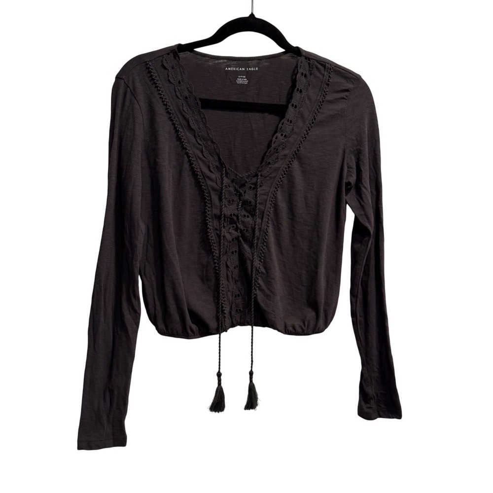 AE Fairy Whimsigoth Size S Long Sleeve Lace Up Crop Top Gray Indie Boho Grunge